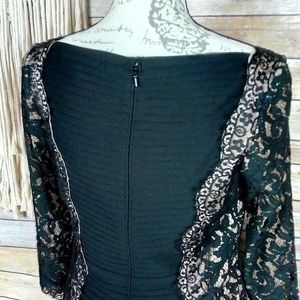 Tadashi Shoji | Black Lace Nude Illusion Boat Neck Pleated Bodycon Midi Dress